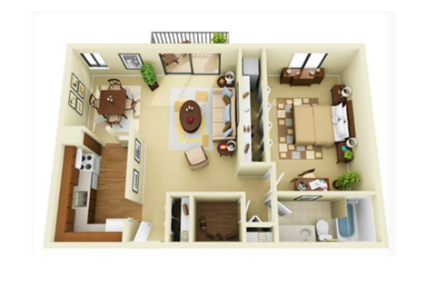 Floor plan for 1 bed, 1 bath, 840 sqft